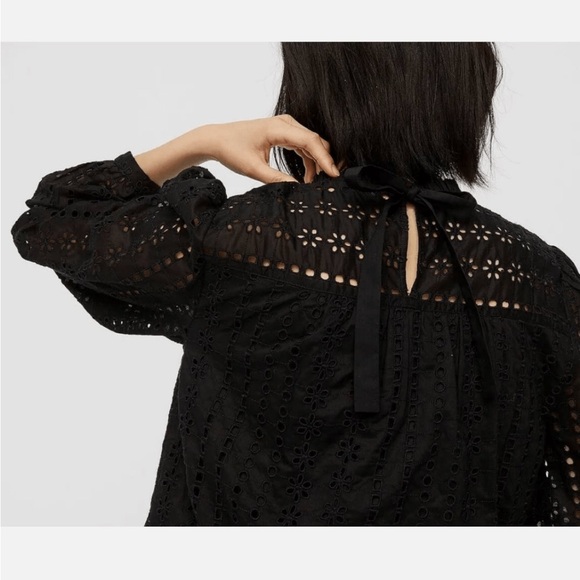 J. Crew Black Tie-Back Top in Ditsy Eyelet Long Sleeve Lined Size Medium - Picture 3 of 10